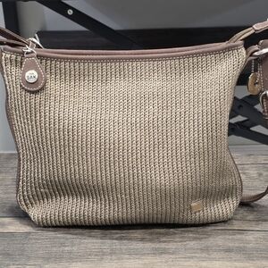 Womens Sak Original Taupe Woven Knit Leather Strap Purse Shoulder Handbag 12x10"